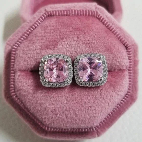 NEW 925 Silver Cushion Pink Sapphire Halo Studs - Picture 2 of 3